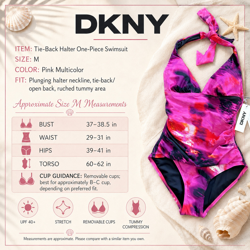 DKNY Womens M Pink Multi Halter Tummy Control One Piece Swimsuit NWT - Picture 6 of 6